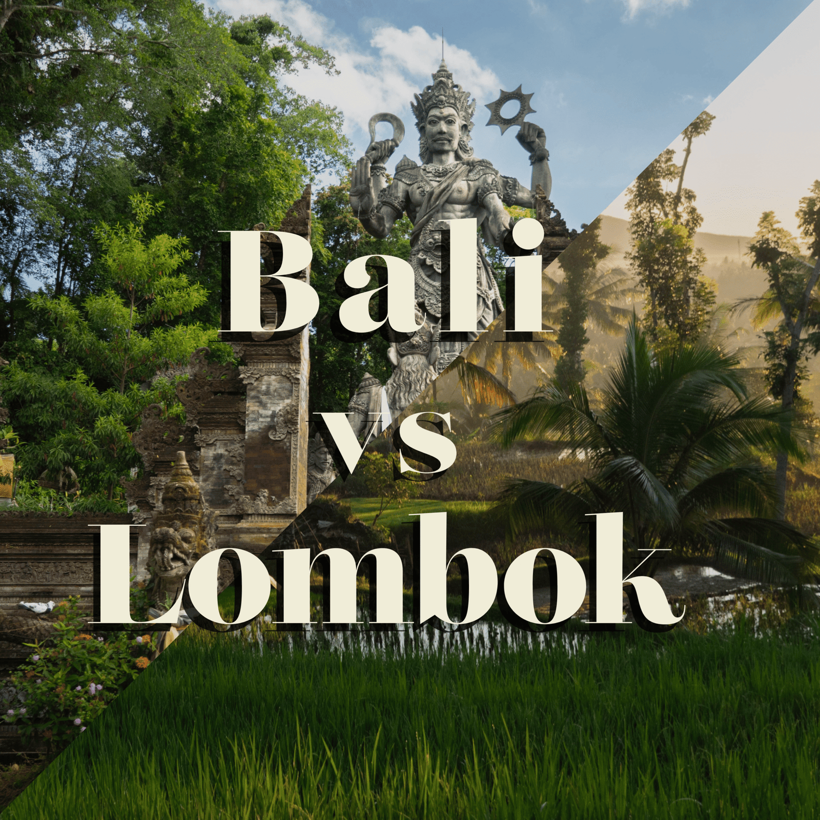 Kolaż: tradycyjny posąg balijskiego boga na Bali i zielone pola ryżowe na wyspie Lombok, Indonezja