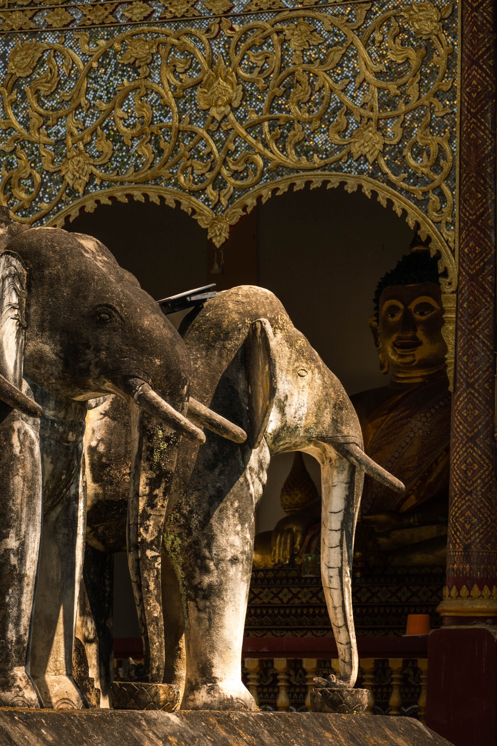 Chedi Chang Lom w świątyni Wat Chiang Man w Chiang Mai – zabytkowa stupa otoczona rzeźbami słoni